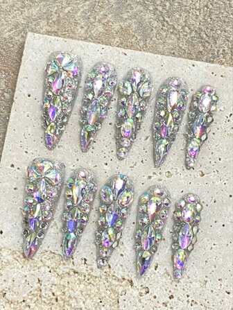 10 件闪光全钻手工按压指甲，情人节新年指甲，秋冬轻奢超长细高跟指甲片简约全覆盖假指甲亚克力按压指甲，家庭 DIY 美甲用品，适用于学校/节日派对/婚礼/日常佩戴