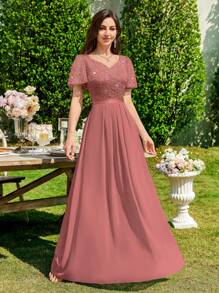 MIUSOL Contrast Sequin Lace Sweetheart Neck Flounce Sleeve Evening Party Long Dress Elegant Formal Prom Wedding Guest Gown, For Graduation, Dinner