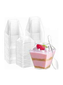 1set/10pcs, Plastic Dessert Cups With Lids, Mini Pudding Jars, Summer Dessert Cups, Suitable For Tasting Appetizers, Fruits, Ice Cream, Mousses, Cakes, Come With Transparent Spoons