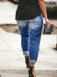 2025 European And American Spring And Summer New Casual Mid-Waist Ripped Straight Pants Street Style Long Jeans For Women - 深色水洗藍 - 查看 2