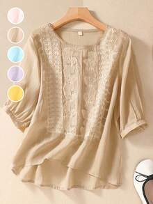 Women's Loose Retro Embroidery Pullover Tops, Spring/Summer - Khaki - View 6