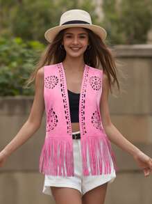 Women's Fringe Faux Suede Vest Casual Open Front Sleeveless Tassel Hippie Jacket
