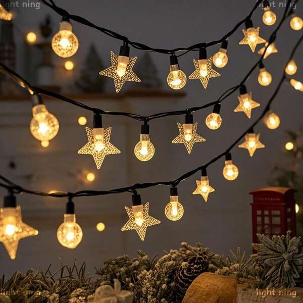 1 Pack LED Solar String Lights, Outdoor Crystal Globe Lights, Solar-Powered Colorful Fairy Lights, Bubble Ball Lights, Star Lights, Decorative Lighting For Garden, Lawn, Patio, Courtyard, Balcony, Fence, Porch, Trees, Tent, Camping