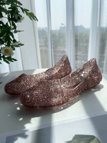 Women's Sandals, Shiny Jelly Hollow Fruit Design Beach & Home Flat Closed Toe Aqua Shoes, Soft Breathable Glitter Rose Pattern Sandals, Summer