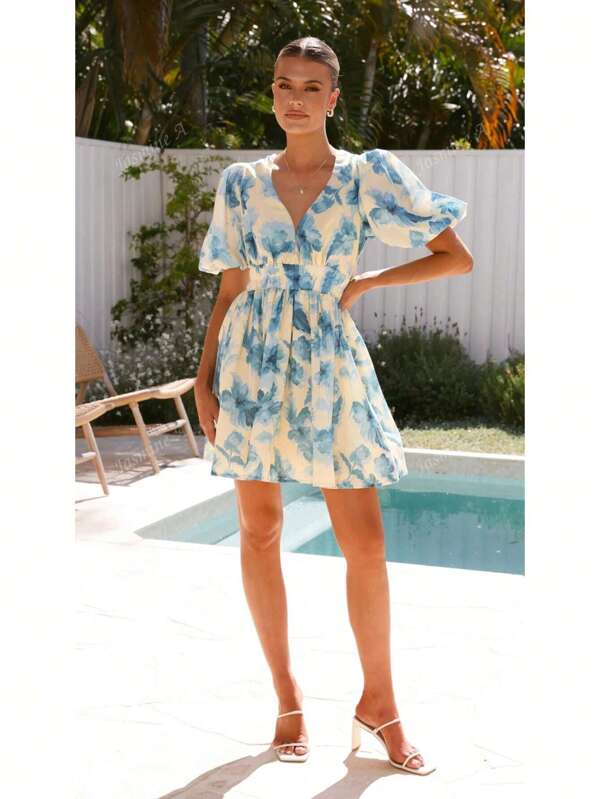 Women's Elegant Floral V-Neck Gathered Waist Petal Sleeve A-Line Mini Dress, Summer Beach Vacation Poolside Garden