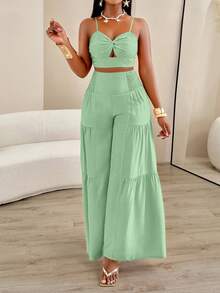 AIJ Amarilo Women Summer Vacation Twist Cami Top And Pleated Wide Leg Pants 2 Pieces Set - Bean Green - View 6