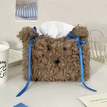 1 件可爱毛绒蝴蝶结小狗纸巾收纳盒，浴室装饰摆件，餐厅桌面装饰纸巾盒摆件返校