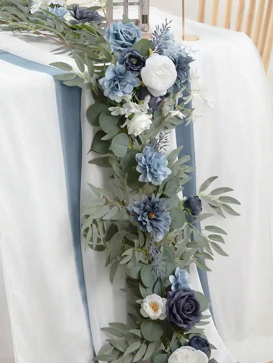 1PC 5.9FT Eucalyptus And Willow Leaf Garland With Artificial Flowers Fake Flower Rose Vine Greenery Decorative Wall Hanging Plant For Wedding Arch Arrangement Party Decor - 灰藍色和海軍藍 - 查看 1