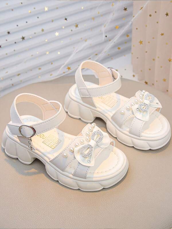 1 Pair Girls' Open Toe Crystal Bow Hook & Loop Princess Style Sandals, Non-Slip Breathable Suitable For Summer Travel & Vacation