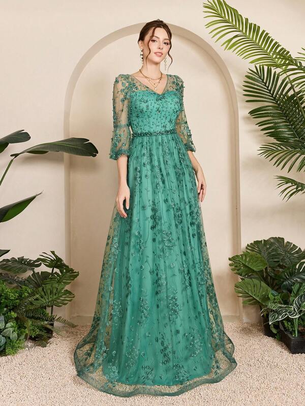 Anpoket V-Neck Embroidered Lace Beaded Long Sleeve High-End Evening Dress, Formal, Party Dress, Gown, For Wedding Guest