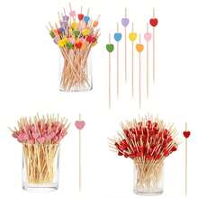 100/50pcs 4.72inch Bamboo Heart Fruit Picks, Bamboo Cocktail Sticks, Heart Shape Bamboo Skewers, Appetizer Picks, Meat Picks, Appetizer Toothpicks, Decoration Sticks, Suitable For Birthday, Party, Beverage Decoration, Buffet,School Supplies - Multicolor - View 1