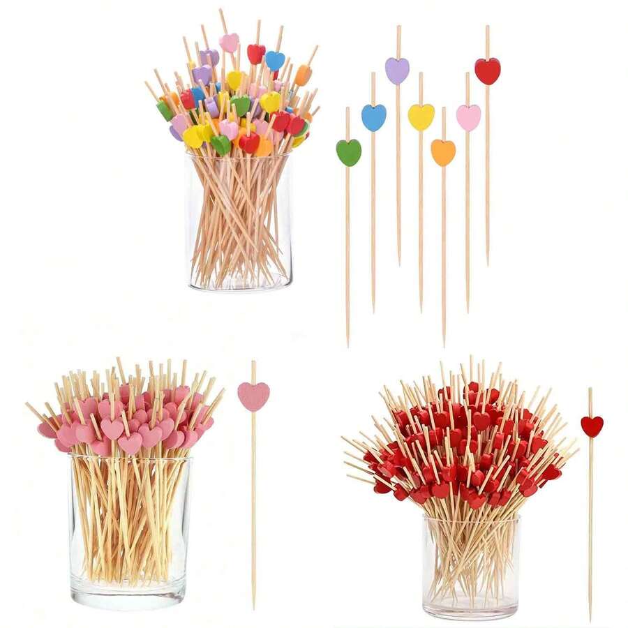 100/50pcs 4.72inch Bamboo Heart Fruit Picks, Bamboo Cocktail Sticks, Heart Shape Bamboo Skewers, Appetizer Picks, Meat Picks, Appetizer Toothpicks, Decoration Sticks, Suitable For Birthday, Party, Beverage Decoration, Buffet,School Supplies - Multicolor - View 1