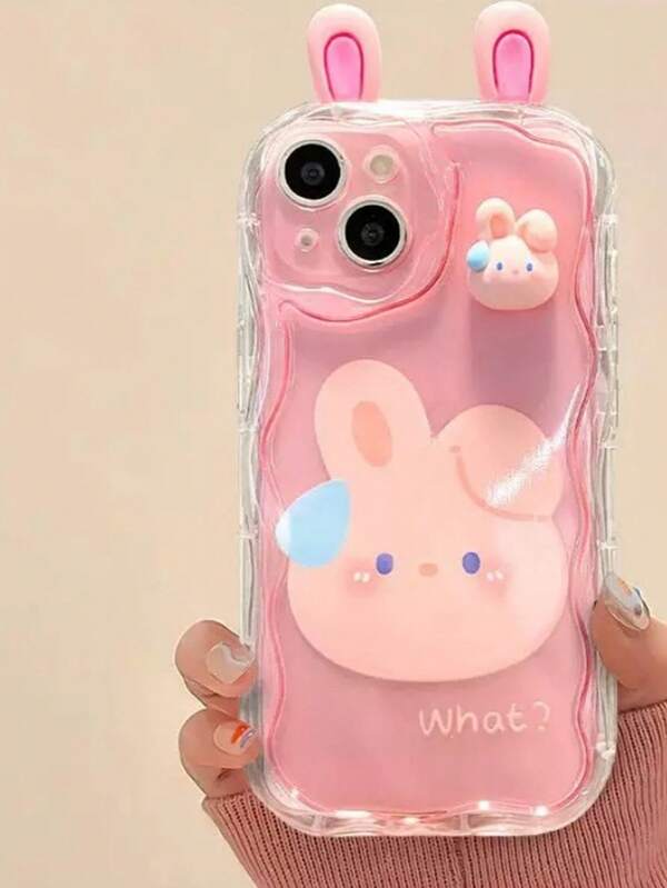 1pc 3D Cartoon Rabbit Resin Decor Transparent TPU Soft Cream Phone Case Compatible With IPhone 17/17 Pro Max/17 Air/16