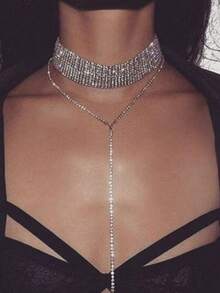 1pc Rhinestone Choker Necklace, Simple Long Chain Necklace For Women, Party & Event Jewelry - Simplicity - View 3