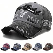 1Pc Vintage Distressed Washed Cotton 3D Bull Skull Letter Embroidery Baseball Cap Hats For Men Outdoor Street Daily Wear ﻿ - A - View 12