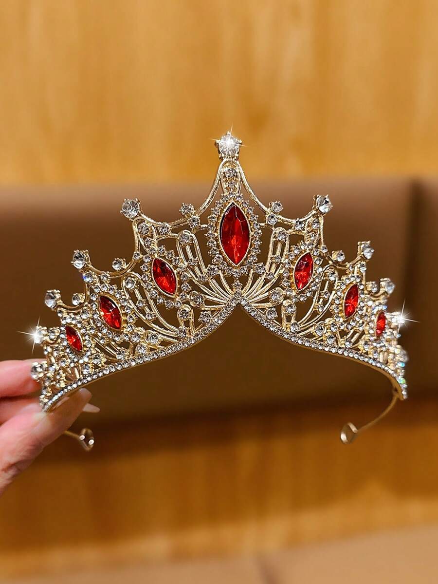 1pc Golden Large Crown Headband, Fashionable And Elegant Tiara For Everyday Wear And Performance - Red - View 1