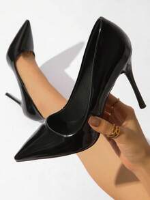 2025 秋冬女士黑色漆皮尖头一脚蹬性感派对俱乐部装 4 英寸高跟鞋，优雅 - 黑色 - 查看 5