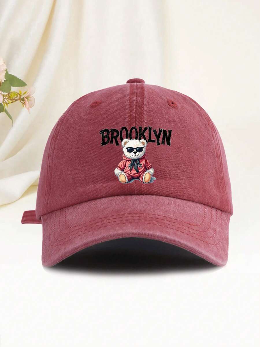 1pc Cartoon Brooklyn Bear Pattern Printed Adjustable Breathable Baseball Cap, Unisex Vintage Summer Hat, Sun Protection, Suitable For Travel, Sports And Daily Wear - Multicolor - View 1