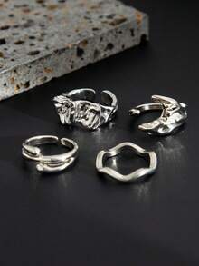 4pcs Casual Minimalist Geometric Liquid Metal Rings Set, Men's Fashion Punk Charm Jewelry, Adjustable - 4-piece Set - View 16