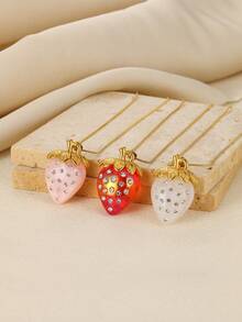 Strawberry Necklace For Women Cute Kawaii Red Pink Yellow Strawberry Pendant Necklace Stainless Steel Pendant Necklace 3D Lifelike Fruits Necklace Simulated Strawberry Necklace Fruity Jewellery ﻿ - Yellow Gold - View 3