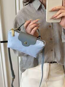 Bolso de mujer con contraste de telas versátil y casual, bolso cuadrado minimalista de nailon, bolso de mano con asa a la moda, bolso de estilo retro con correa extraíble, bolsos para adolescentes, estudiantes universitarias, principiantes y trabajadores de cuello blanco, perfecto para la oficina, la universidad, el trabajo, los negocios y los desplazamientos.