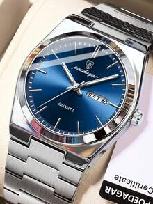 POEDAGAR 1pc Fashionable Waterproof Luminous Stainless Steel Men's Watch With Date & Day Display, Casual Quartz Wristwatch For Men, Men's Watch + Gift Box - one-size - View 10