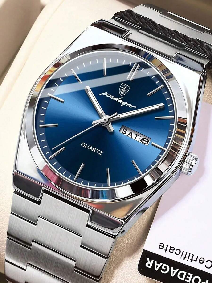 POEDAGAR 1pc Fashion Waterproof Luminous Stainless Steel Watch For Men With Date Week Display Casual Quartz Men's Watches Suitable For Daily Wear Man Watch+Box