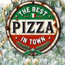 1 件复古意大利披萨标志金属圆形牌匾标牌，8x8 英寸，铁艺墙饰，耐用室内/室外标牌，适用于家庭、餐厅、酒吧、咖啡厅、车库装饰，孔位置随机