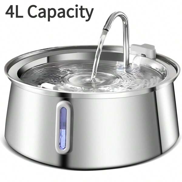 Stainless Steel Cat Water Fountain, 134 Oz/4L Automatic Pet Water Dispenser With Water Level Window, Anti-Dry Burning Water Pump, Super Quiet Cat Water Fountain With Faucet, Suitable For Indoor Cats And Dogs, Replacement Filter Cartridge Available