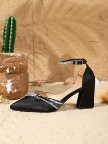 2025 年秋冬大码尖头粗跟女鞋，时尚高跟鞋，适合休闲、派对、办公室、散步，露背设计，水钻细节，优雅的黑色，适合春夏季节，优雅 - 黑色 - 查看 5