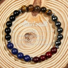 Bracelet de richesse et de prospérité fait main de 8 mm, œil de tigre et agate bleue - bijou en perles de bois naturel, convient aux hommes et aux femmes