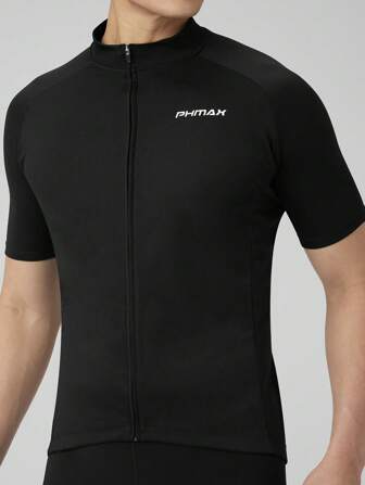 PHMAX Men's Cycling Jersey, Short Sleeve, Pure Black, Polyester, Breathable, Moisture-Wicking, Professional Cycling Wear, With Zipper, Gripper Hem, 3 Pockets, Cycling Gear