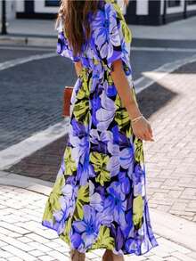 波西米亚全身印花深 V 领宽松开衩短袖连衣裙，适合度假和海滩 - 紫色 - 查看 4