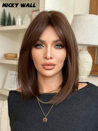 NICKY WALL Mocha Brown Bob Wig Short Straight Wigs For Fashion Women Shoulder Length Wig With Curtain Bangs Natural High Density Synthetic Heat Resistant Wigs For Girls Daily Party Cosplay Use 16 Inch
