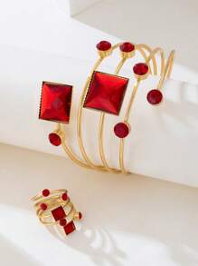 1 Conjunto de Joias de Pulseira e Anel Cristais Incrustados Linear Minimalista Multicamadas, Presente Ideal para o Dia dos Namorados para Mulheres