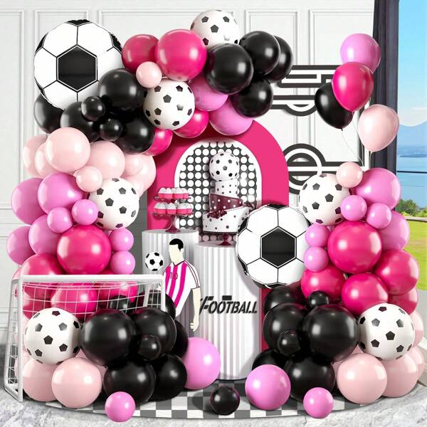 119pcs Pink & Black Football/Soccer Theme Balloon Arch Kit Set, Includes Soccer Print Balloons And Foil Balloons, Suitable For Women's Sports Football Theme Birthday Party, Outdoor Match Decorations
