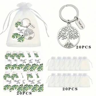 Set da 60 pezzi di portachiavi a forma di albero della vita, regalo - Portachiavi in metallo vuoto - 20 buste in organza, 20 biglietti di ringraziamento per laurea, Ringraziamento, Apprezzamento insegnanti
