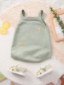 Baby Girl Bunny & Carrot Embroidery Knitted Suspender Bodysuit, Suitable For Summer