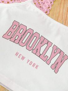 3Pcs Girls Summer Outfit: Brooklyn Letter Print Cami Top + Pink Mesh Overlay Cover Up + Shorts Set, Outdoor Casual Clothing For Girls, Knit Fabric, Elastic, Letter Graphic, Regular Fit, Polyester Blend, Suitable For Summer Outdoor Activities And Gifts