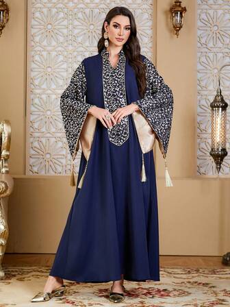 Floral Print Fringed V-Neck Split Embroidered Muslim Women Abaya, Islamic Clothing For Women Abaya Turkey, Suitable For Holiday, Wedding, Formal Dinner, Travel