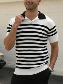 Camisa polo de punto de manga corta a rayas de verano casual para hombres - Blanco y Negro - Ver 7