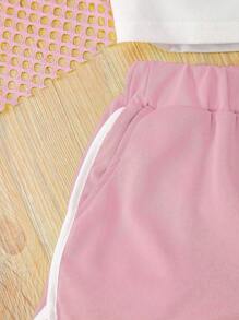 3Pcs Girls Summer Outfit: Brooklyn Letter Print Cami Top + Pink Mesh Overlay Cover Up + Shorts Set, Outdoor Casual Clothing For Girls, Knit Fabric, Elastic, Letter Graphic, Regular Fit, Polyester Blend, Suitable For Summer Outdoor Activities And Gifts