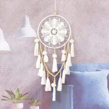 Handmade White Tassel Dream Catcher With Crochet Floral Design – Elegant Wall Hanging Decor For Weddings, Valentine's Day, And Christmas Gifts, Indoor Wall Hanging | Decorative Dreamcatcher | Beadwork Detailing