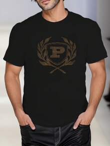 Camiseta de manga corta con estampado de la letra P para hombre ,220 g/m², nueva camiseta informal de verano de algodón con cuello redondo y manga corta (1 unidad) - Negro - Ver 1