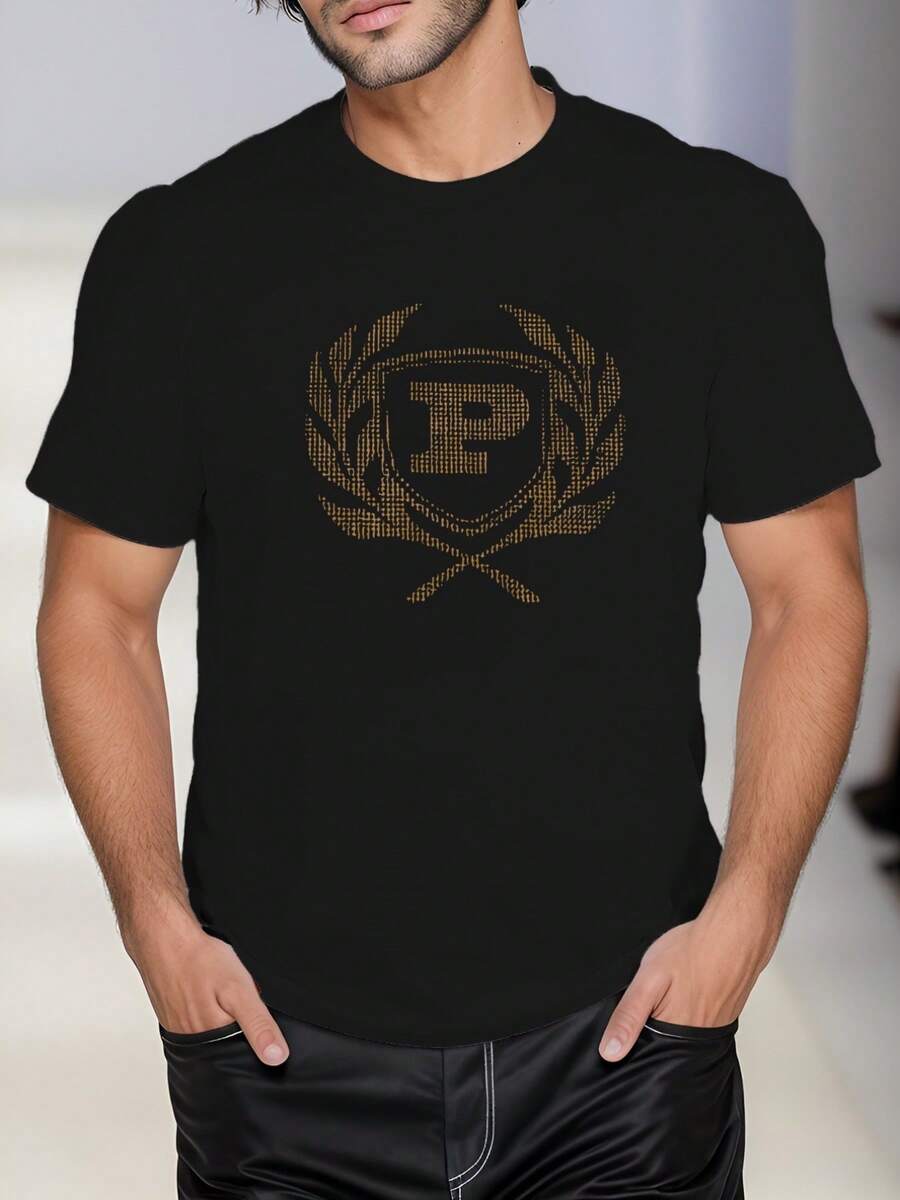 Camiseta de manga corta con estampado de la letra P para hombre ,220 g/m², nueva camiseta informal de verano de algodón con cuello redondo y manga corta (1 unidad) - Negro - Ver 1
