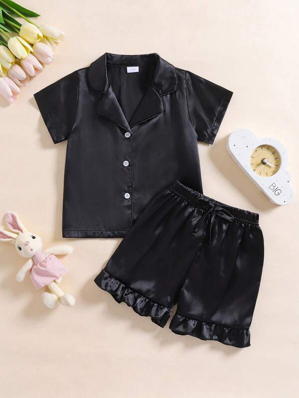 2 piezas Conjunto de pijama de unicolor de manga corta para niña, verano
