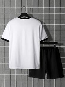 2pcs/Set Men's Summer Solid Color Short Sleeve T-Shirt + Drawstring Shorts, Casual Sports Daily Outdoor Contrasting Color Top + Knee-Length Pants