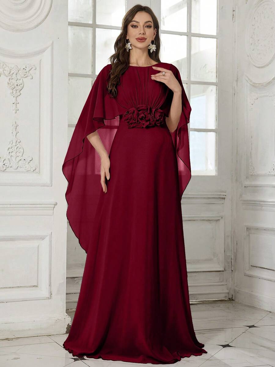 SUPGIR Đầm dạ hội dài tay hở lưng cổ tròn họa tiết hoa 3D thủ công cho nữ, váy dài màu hồng thanh lịch - Màu Đỏ Sâu - Xem 1