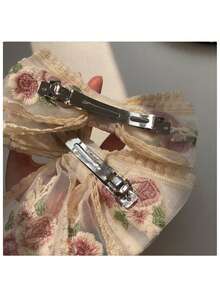 1 Embroidered Flower Ribbon, Large Bow Hair Clip, Spring Top Clip, Girl's Hair Accessory - Multicolor - View 3