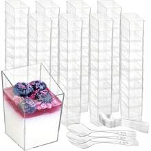 10/20Pcs 3Oz Mini Dessert Cups With Spoons, Clear Slanted Square Dessert Tumbler Thick Plastic Shot Glasses, Appetizer Parfait Cups Small Serving Bowls For Ice Cream, Puddings, Tasting Party